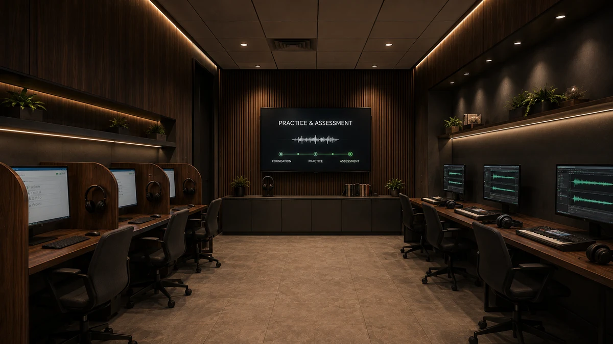 The practice and assessment room of the Academy: workstations with headphones, production desks and a screen for practice and assessment.